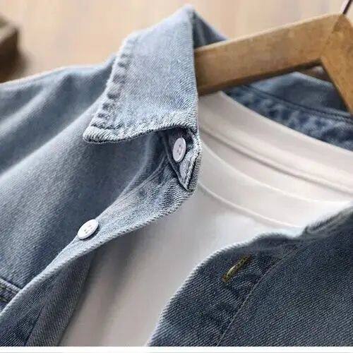 Fashion Boys Blue Denim Shirts Long Sleeved Turn Down Collar - 图1