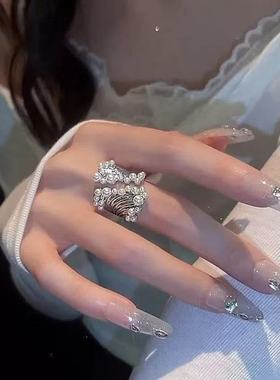 新款小众设计感宽版珍珠戒指女欧美个性轻奢夸张开口食指戒潮