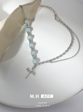 蓝色串珠十字架项链女链条时尚嘻哈毛衣链精致百搭冷淡风项饰