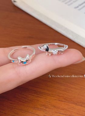 日韩可爱涂鸦猫咪小狗开口戒指童趣小众设计感甜美卡通可调节手饰