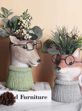新款直销树脂庭院花园动物花盆花瓶摆件园林家居装饰品猫头鹰鹿桌