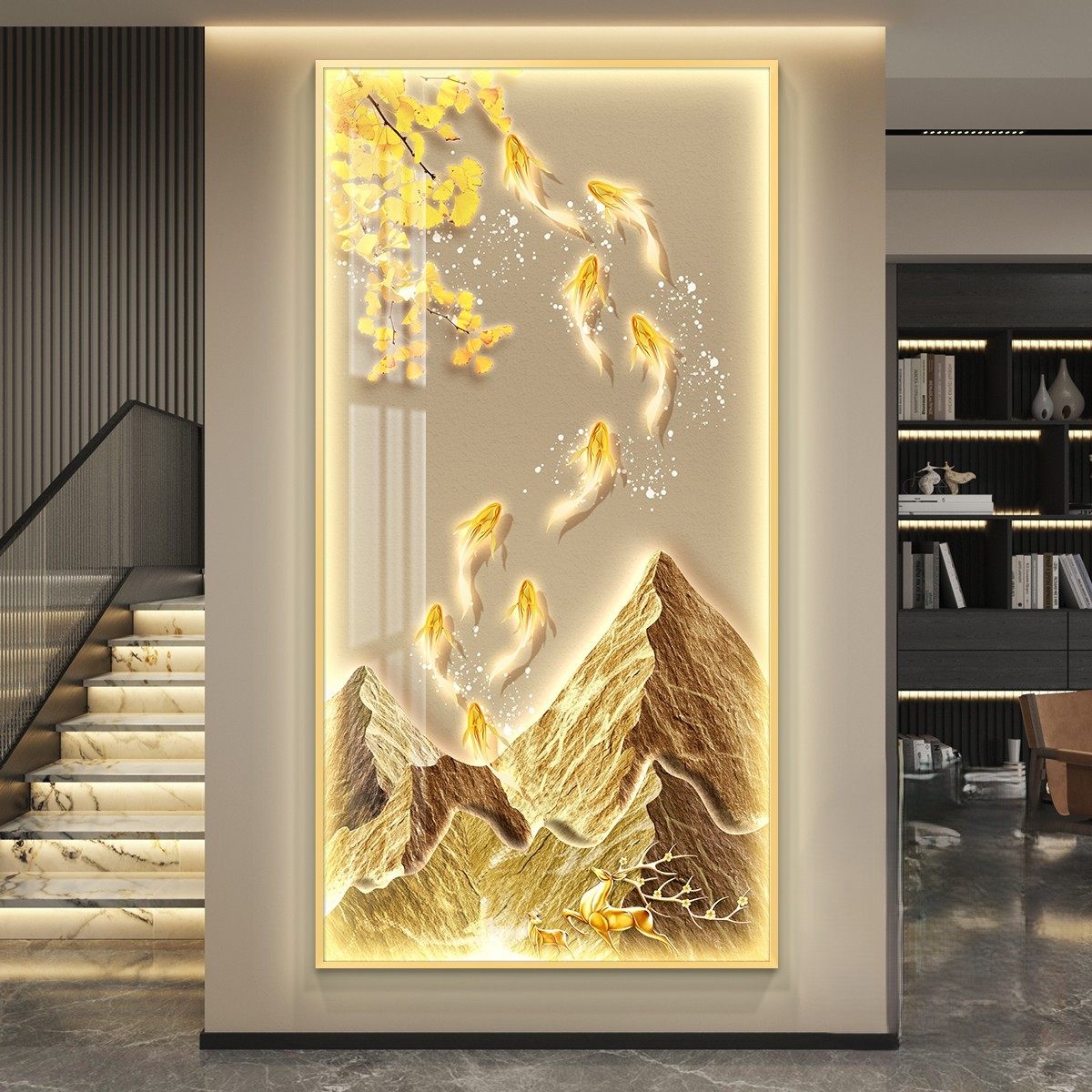 九鱼聚财LED灯画玄关装饰画入户走廊过道正对门挂画轻奢金山壁画,淘宝优惠券,粉丝福利购,淘宝优惠卷