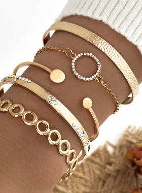跨境欧美复古个性夸张宽面手镯手饰 金色光面串珠多元素手链套装