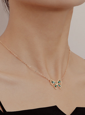 欧美跨境饰品个性绿石蝴蝶吊坠项链锁骨链女潮酷时尚冷淡风项饰