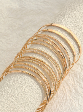 跨境欧美复古个性夸张宽面手镯套装金色光面不规则手环手链多件套