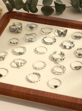 创意复古蝴蝶爱心女式戒指套装21件套几何花朵蛇眼睛多件套关节戒