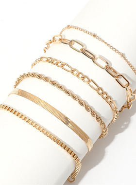 欧美跨境波西米亚极简手饰金属链条女式套装6条多层链条简约手链