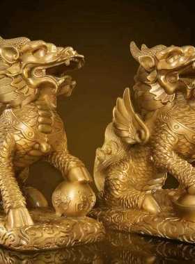 直销新款铜麒麟摆件一对黄铜麒麟踩八卦家居客厅办公室门口店铺装