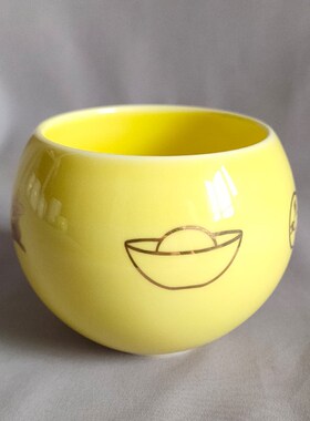 小号聚宝盆摆件陶瓷 黄色无盖小盆元宝铜钱图案装饰品招财工艺品