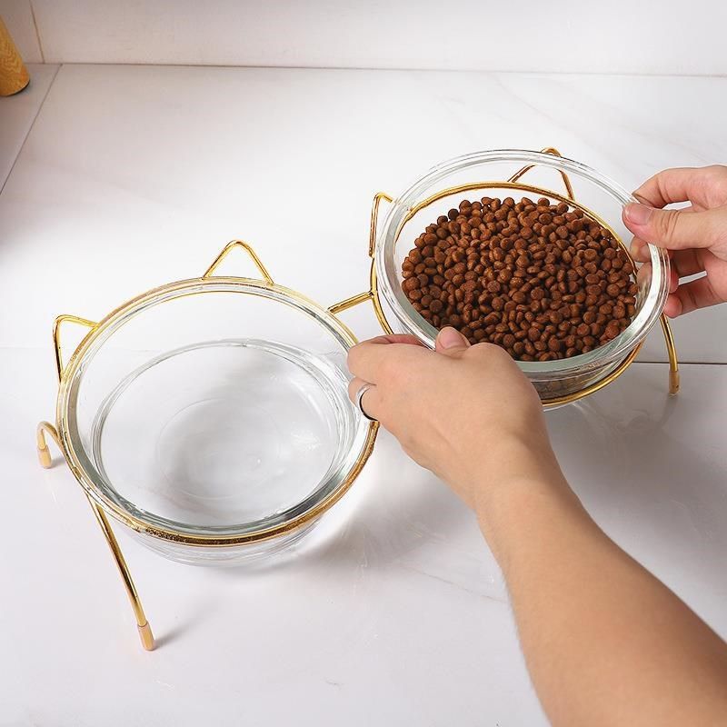 猫碗玻璃高脚猫咪碗斜口护颈椎喝水猫粮食盆透明狗宠物易清洗双碗,淘宝优惠券,粉丝福利购,淘宝优惠卷