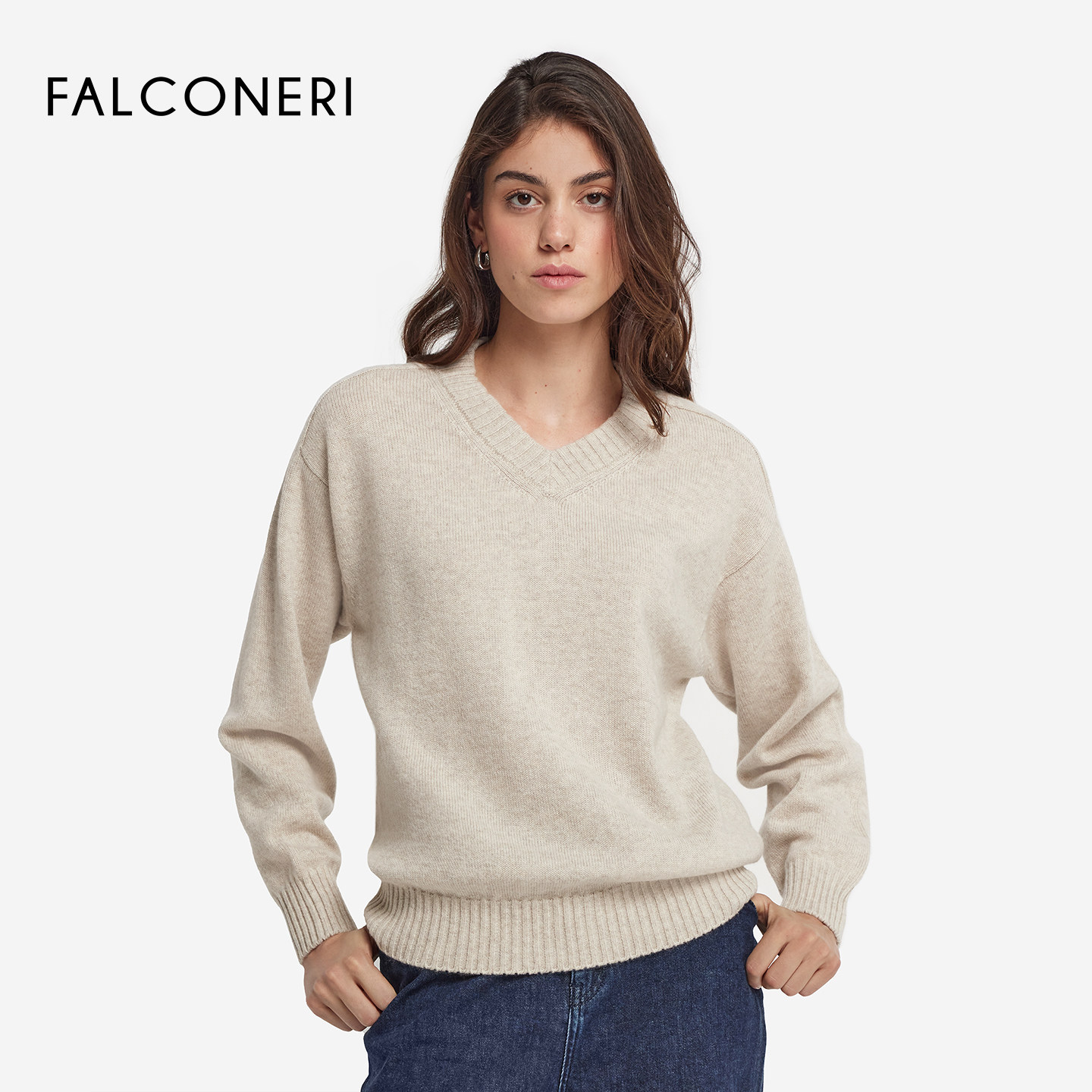 【季末折扣】FALCONERI女士宽松v领罗纹山羊绒毛衣针织衫DML428I,淘宝优惠券,粉丝福利购,淘宝优惠卷