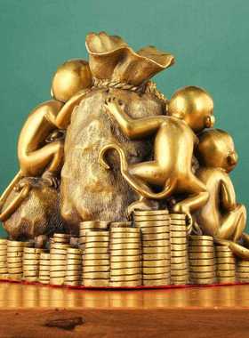 新款直销铜五猴聚财摆件财金钱生肖猴钱袋铜器聚宝盆开业礼品工艺