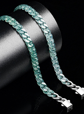天然A货翡翠冰种蓝水古巴链手链玉石钛钢嘻哈风格个性女潮流手饰