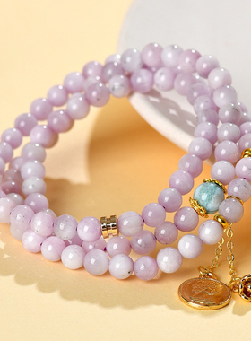 天然紫锂辉海纹石三圈手链时尚原创浪漫紫女士新爆款佛珠手串高级