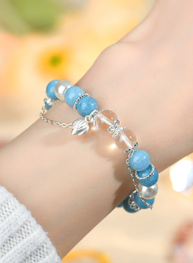 蓝玉髓白水晶贝珠原创时尚女手链