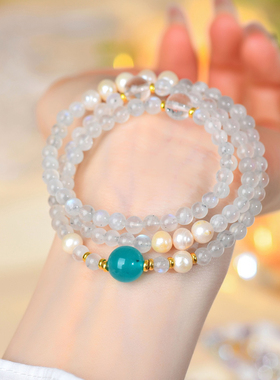 天然月光石天河石珍珠三圈手链S925银时尚原创女士款手串高级感