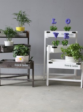 美式乡村做旧实木多层风车花架阳台置物架咖啡馆花店餐厅落地摆件