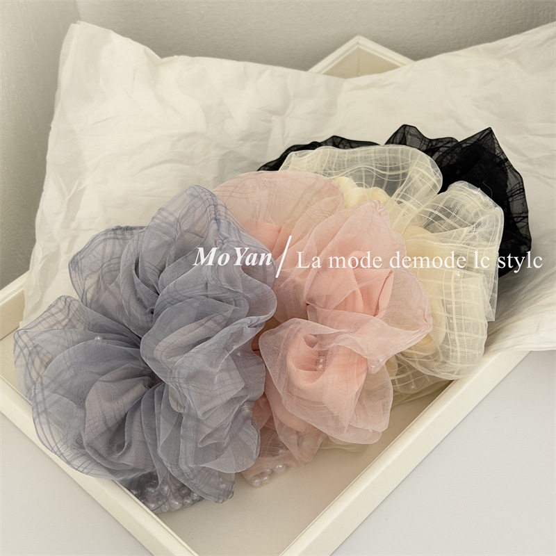 韩版双层格纹网纱珍珠大肠发圈感网红发绳慵懒丸子头头绳头花,淘宝优惠券,粉丝福利购,淘宝优惠卷