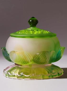 琉璃佛具套装摆件青莲花瓶供盘净水杯香炉莲花观音家居佛堂供奉