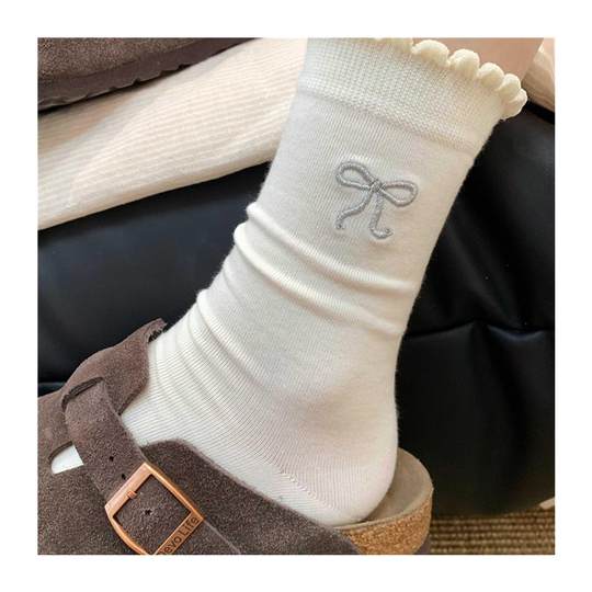 白色花边蝴蝶结袜子女春秋纯色中筒袜韩系提花款显瘦堆堆袜MM