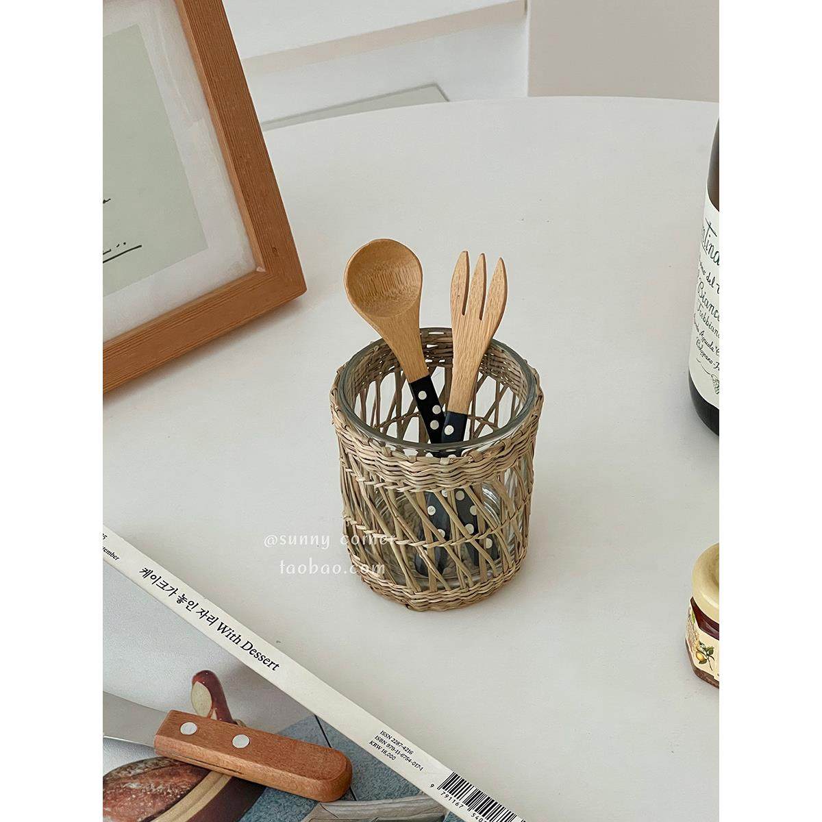 草编多功能化妆刷收纳筒桌面文具笔筒圆柱形手工编织玻璃收纳桶,淘宝优惠券,粉丝福利购,淘宝优惠卷