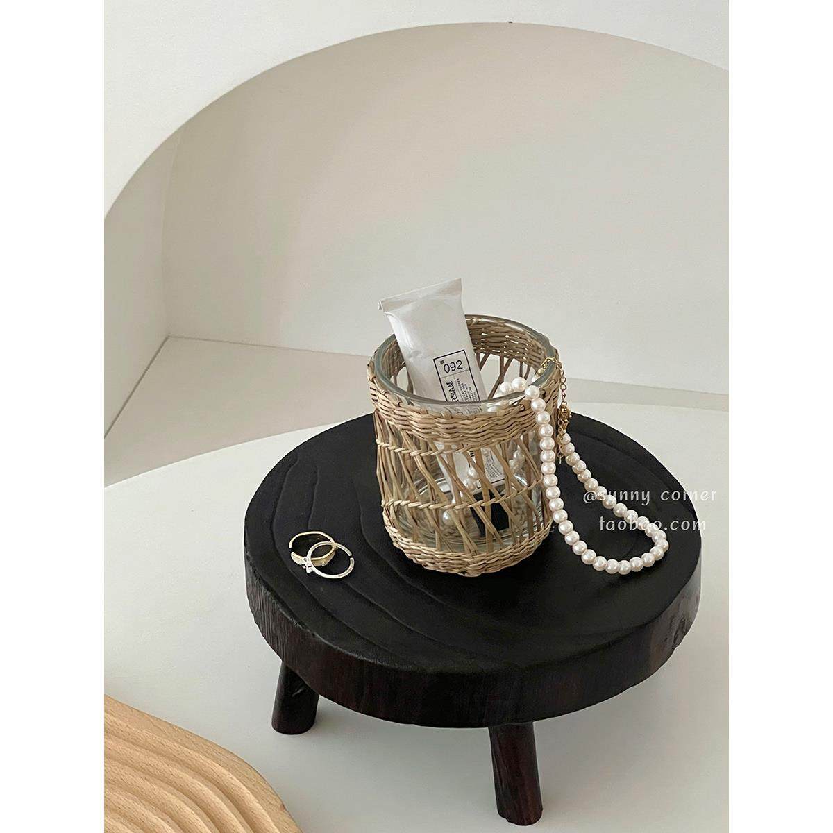 草编多功能化妆刷收纳筒桌面文具笔筒圆柱形手工编织玻璃收纳桶,淘宝优惠券,粉丝福利购,淘宝优惠卷