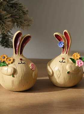 直销新款ZAKKA树脂摆件 乡村风格摘花胖兔情侣小人 树脂工艺品 摆