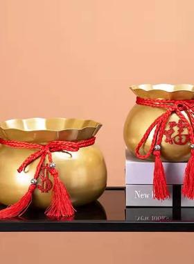 新款直销铁艺花盆金属福袋钱袋新年年宵花福桶插花桶红色金色银柳