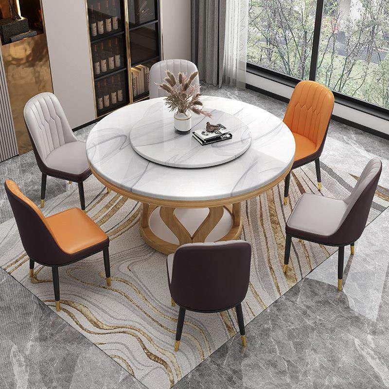 轻奢简约大理石圆桌实木餐桌带转盘家用饭桌圆形电磁炉餐桌椅组合,淘宝优惠券,粉丝福利购,淘宝优惠卷