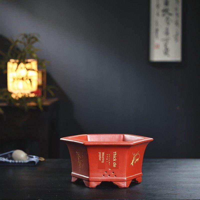 宜兴紫砂盆景壶六方海棠透气性老桩木阳台蔬菜种植工艺品手工陶瓷,淘宝优惠券,粉丝福利购,淘宝优惠卷