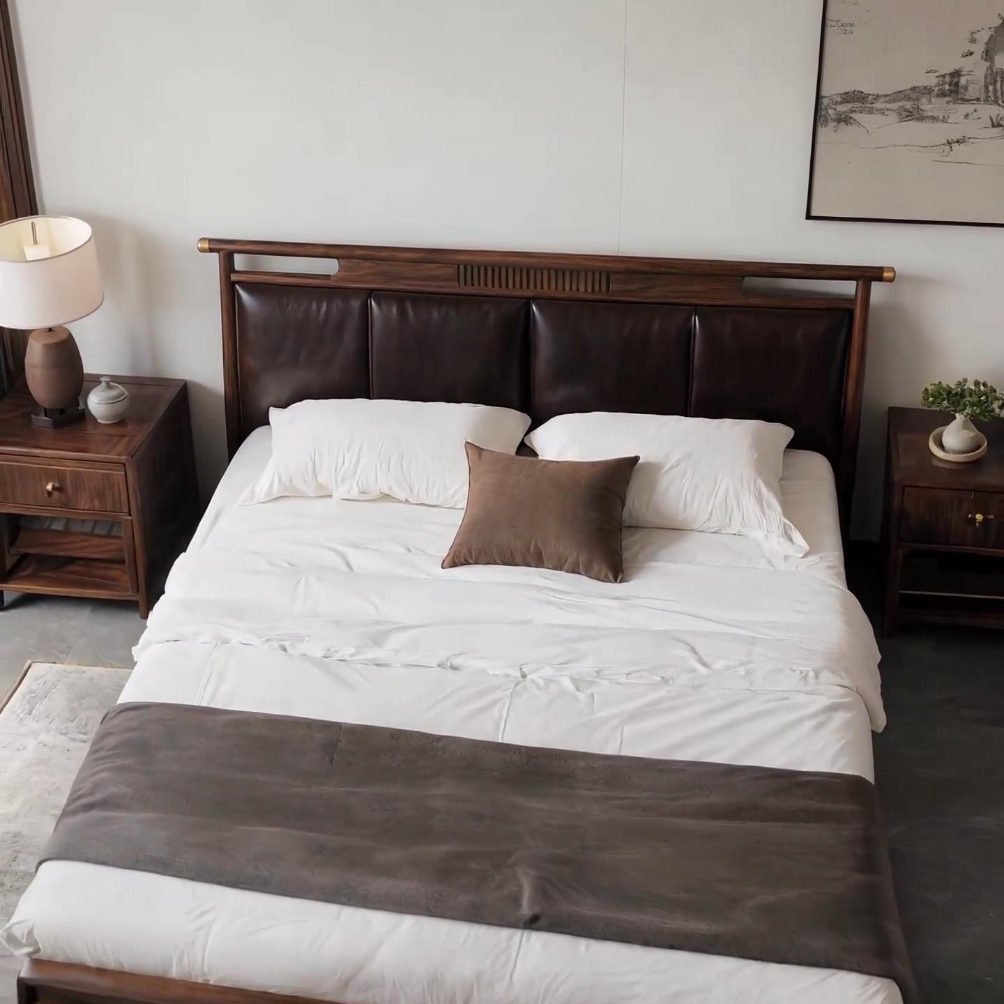 新中式北美黑胡桃木床实木床宋氏美学卧室双人床婚床真皮高级定制 - 图2