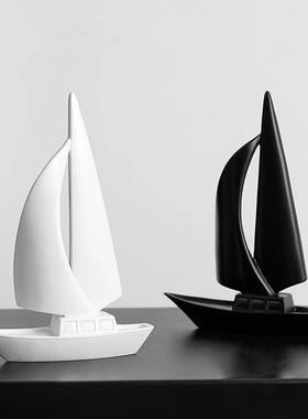 意式极简帆船摆件高级感小众艺术黑色电视柜装饰创意书架书柜展示