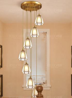 新品楼梯吊灯美式全铜复式楼梯间吊灯轻奢别墅中空旋转楼梯长吊灯