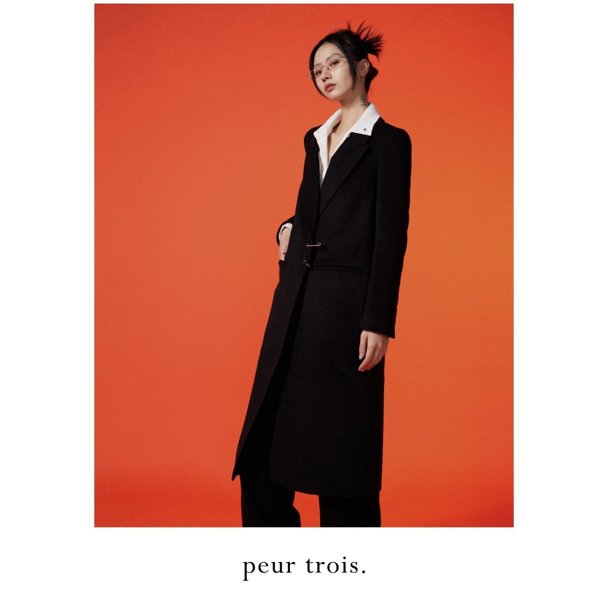 peur长款秋冬羊绒大衣黑色显瘦修身原创显高翻领羊绒外套 - 图0