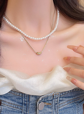 韩系爆款双层珍珠项链女轻奢小众高级感叠戴锁骨链复古颈链配饰品