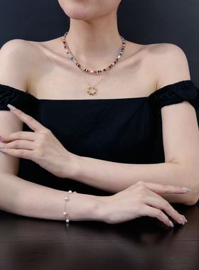 彩虹之约纯天然原石项链 天然原石淡水珍珠 钛钢电镀不掉色送配饰