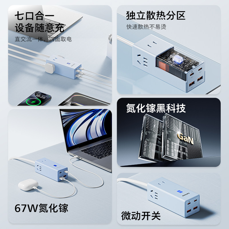 飞利浦67w氮化镓插座插排插线板带usb多功能插板桌面充电站器排插,淘宝优惠券,粉丝福利购,淘宝优惠卷