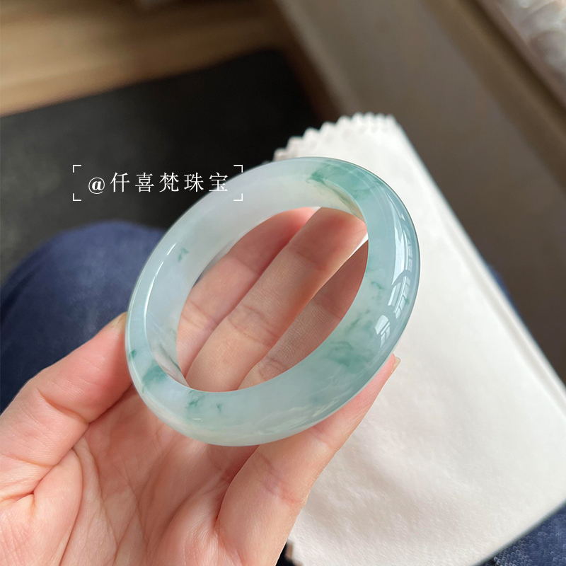 仟喜梵”翠薇摇“缅甸高冰透种翡翠真玉手镯子女款纯色冰飘花处理