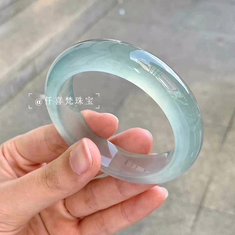 仟喜梵"清风朗月"缅甸冰透种翡翠玉手镯子女款蓝水晴水玉石处理