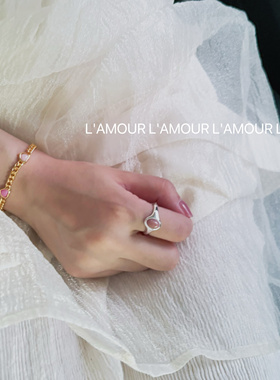 L'amour粉色天然石925银戒指日韩盐系清冷开口戒指