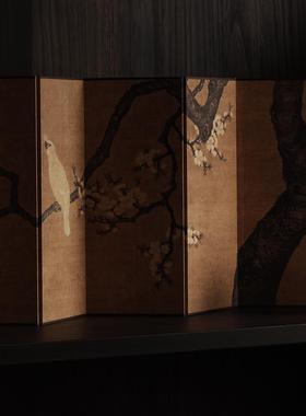 法式中古风东方美杏花双雉图学双面桌面小屏风古玩字画 画背景摆