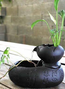 迷你型桌面流水器喷泉摆件水培植物陶瓷小花盆办公桌水养盆小摆件