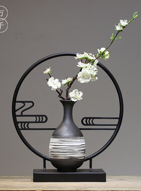 新中式铁艺陶瓷花瓶摆件家居客厅玄关酒柜茶室创意插花工艺装饰品