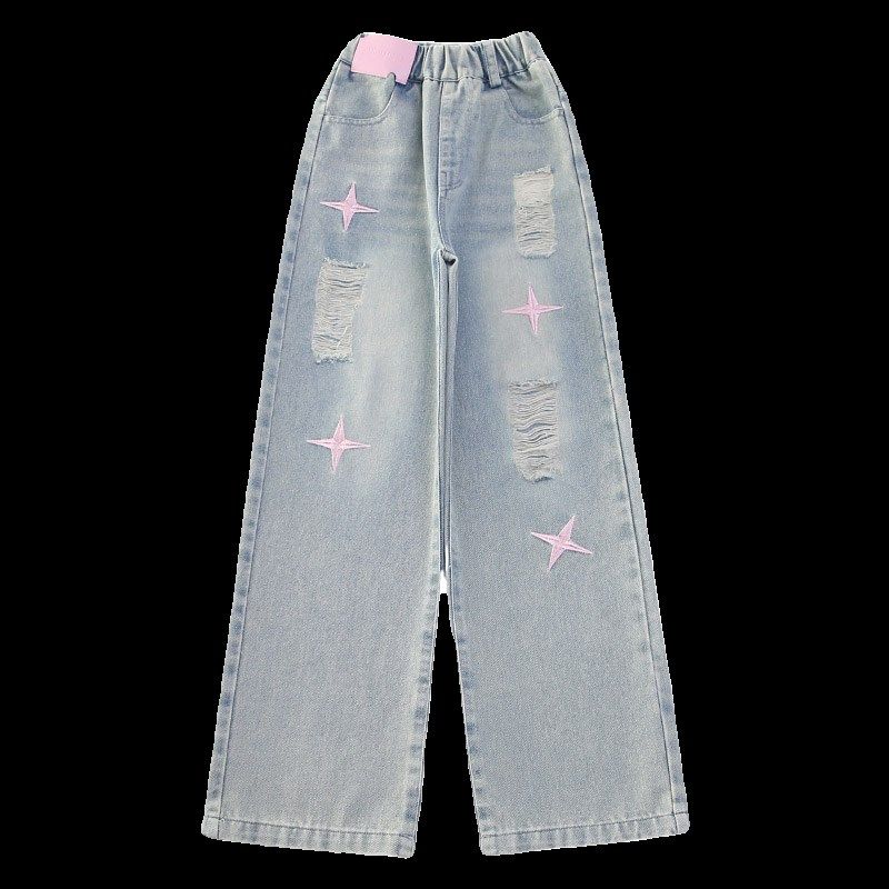 女童裤子夏季薄款女大童宽松直筒小学生破洞阔腿裤夏装儿童牛仔裤,淘宝优惠券,粉丝福利购,淘宝优惠卷