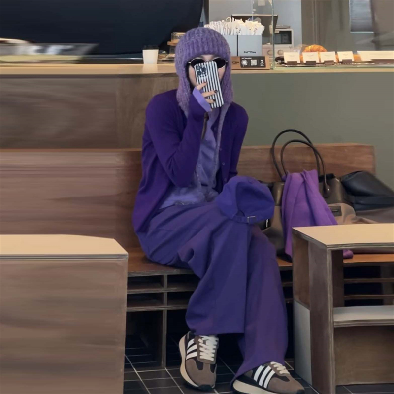 欧货时髦精穿搭套装轻熟紫色拼接假两件针织衫高腰阔腿裤子两件套 - 图0