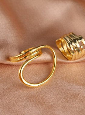 欧美金色夸张线条戒指女ins时尚网红气质个性嘻哈蹦迪开口食指环