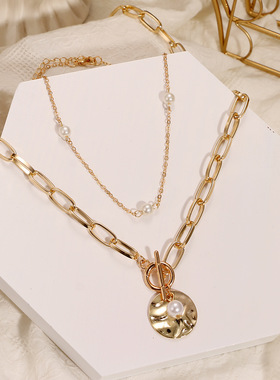 韩饰界跨境欧美复古圆环古铜珠多层几何六边形圆圈箭头项链