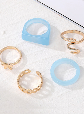 跨境热销金属树脂戒指套装女 小众时尚级感简约冷淡风指环饰品