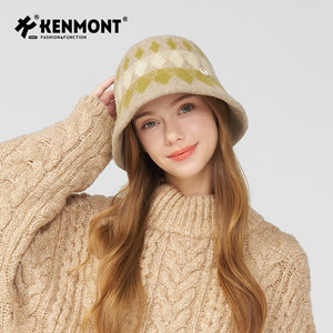 卡蒙秋冬可折叠护耳保暖盆帽女100%绵羊毛一体编织格子提花渔夫帽