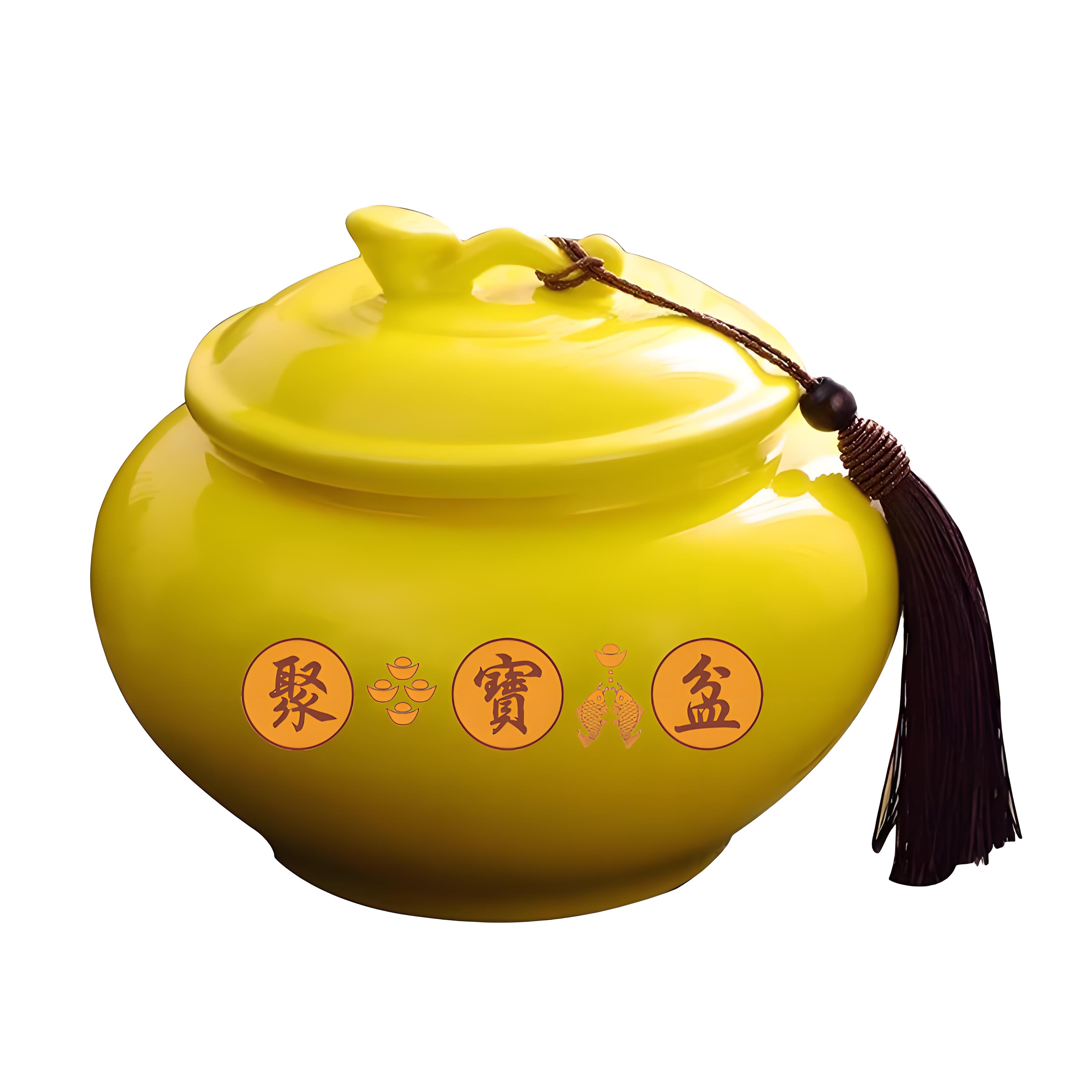 带盖黄色大号陶瓷聚宝盆客厅玄关装饰品招财聚财开业乔迁土罐摆件 - 图3